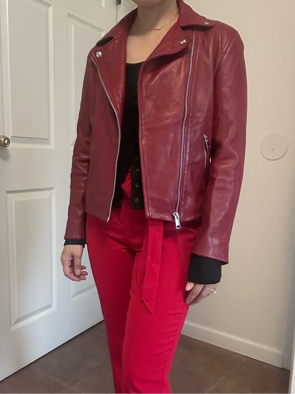 Mango Burgundy Leather Biker Jacket